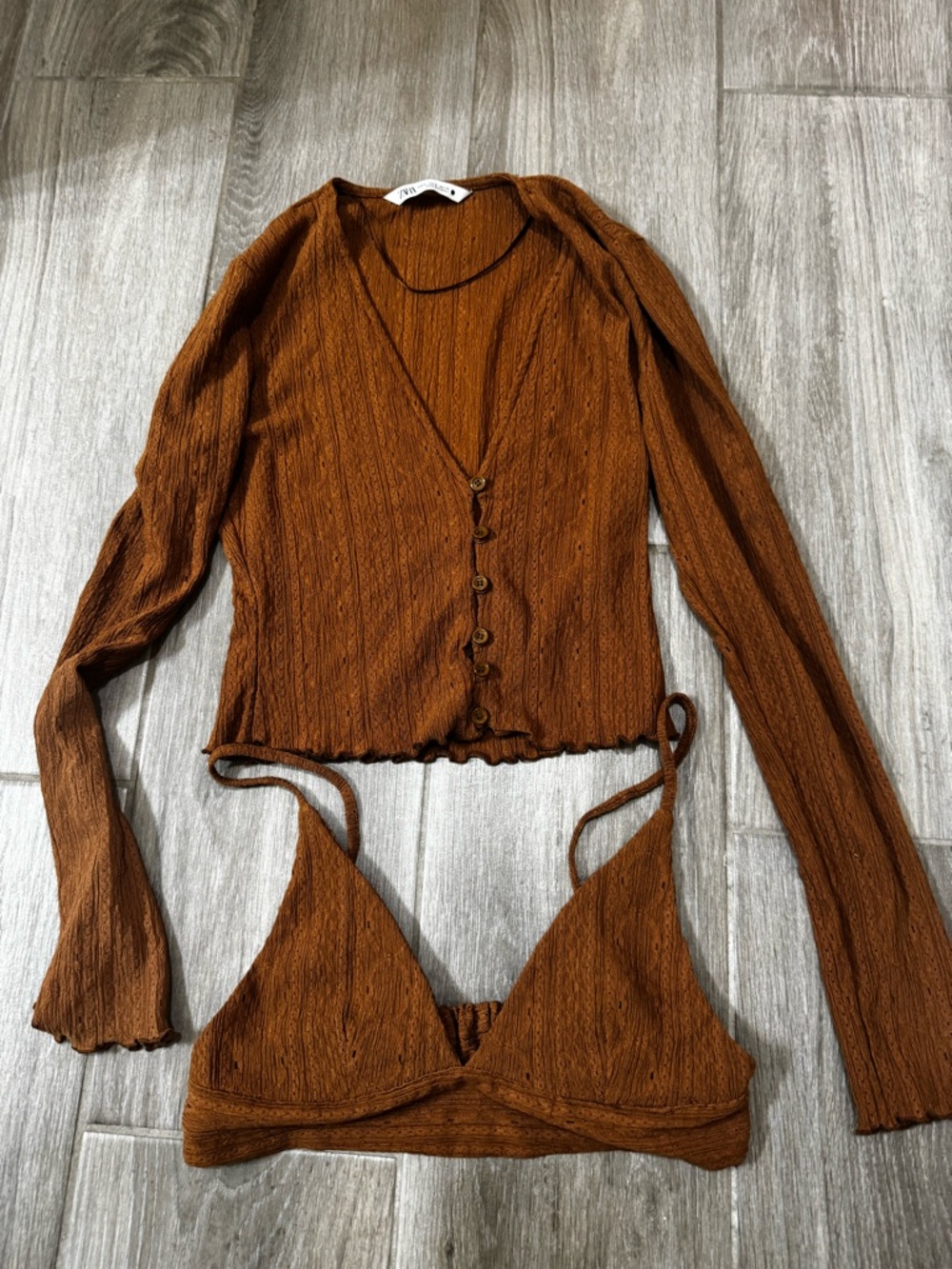 Zara Rust Brown Knit Button-Front cardigan & Bralette Set